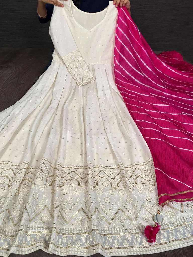 Precious White Georgette Party Wear Gown With Bandhani Dupatta