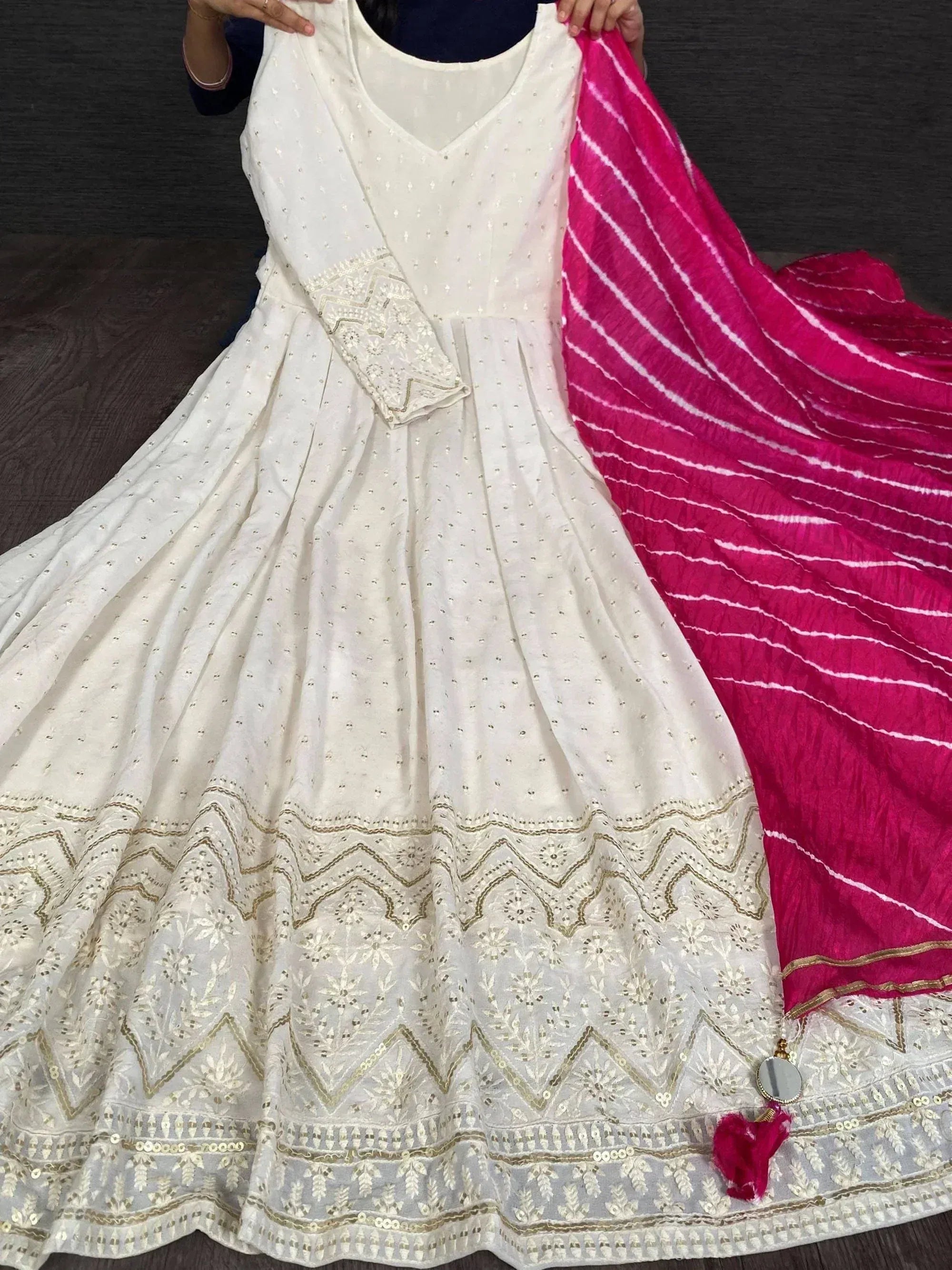 White embroidered anarkali with gold detailing and pink striped dupatta, ethnic wear