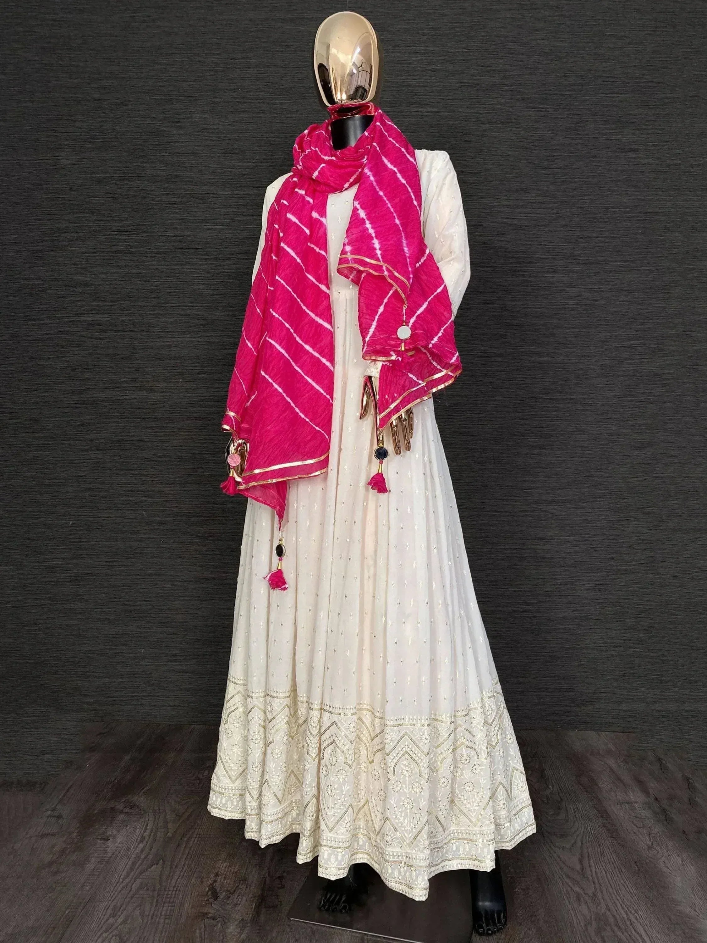 White embroidered anarkali with pink tie-dye dupatta, ethnic Indian wear