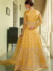 Wonderful Yellow Zari Embroidered Net Gown With Dupatta