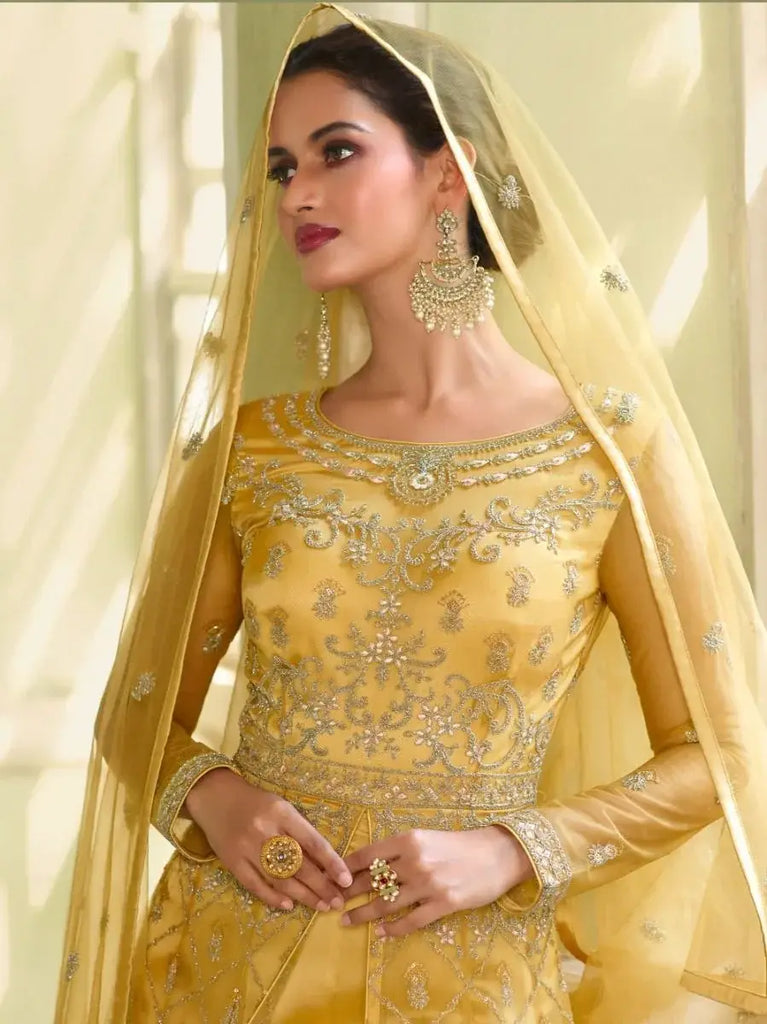 Wonderful Yellow Zari Embroidered Net Gown With Dupatta