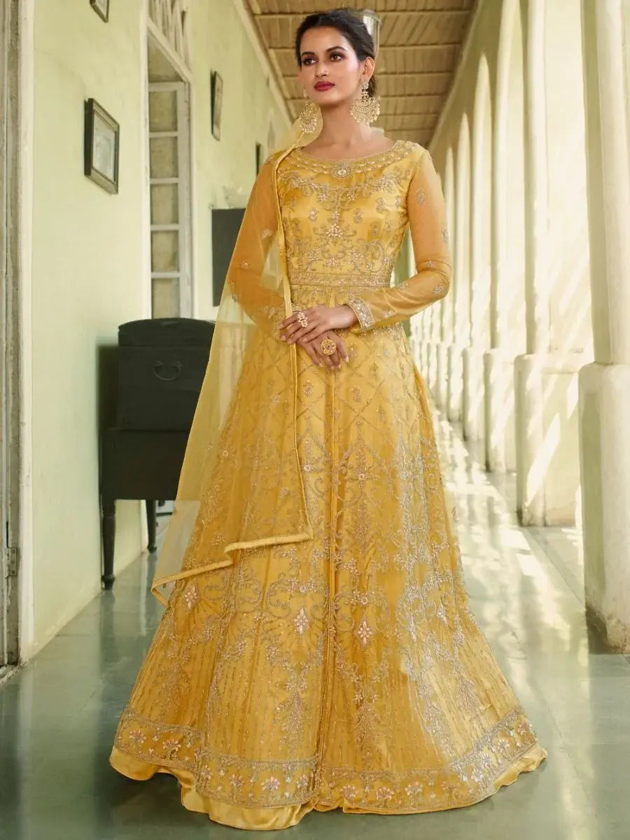 Wonderful Yellow Zari Embroidered Net Gown With Dupatta
