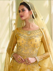 Wonderful Yellow Zari Embroidered Net Gown With Dupatta