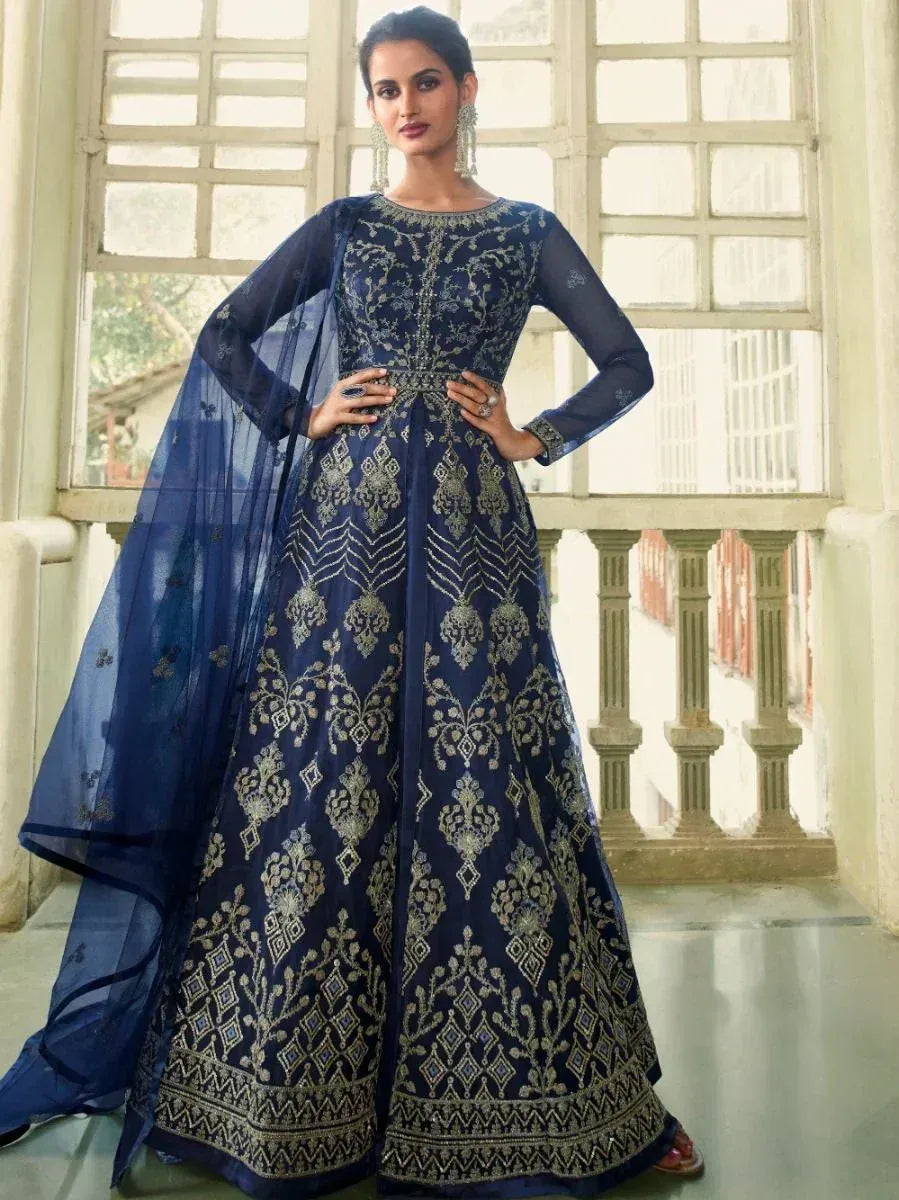 Navy blue embroidered anarkali gown with gold detailing, perfect for Indian ethnic occasions
