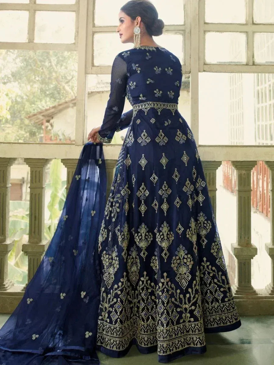 Navy blue embroidered lehenga choli with gold detailing, perfect for Indian ethnic wear occasions