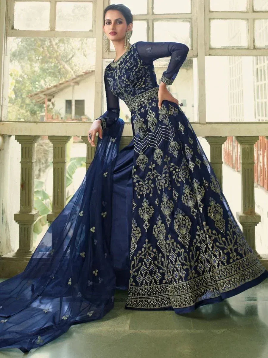 Navy blue designer lehenga choli with gold embroidery, perfect for Indian ethnic wear occasions