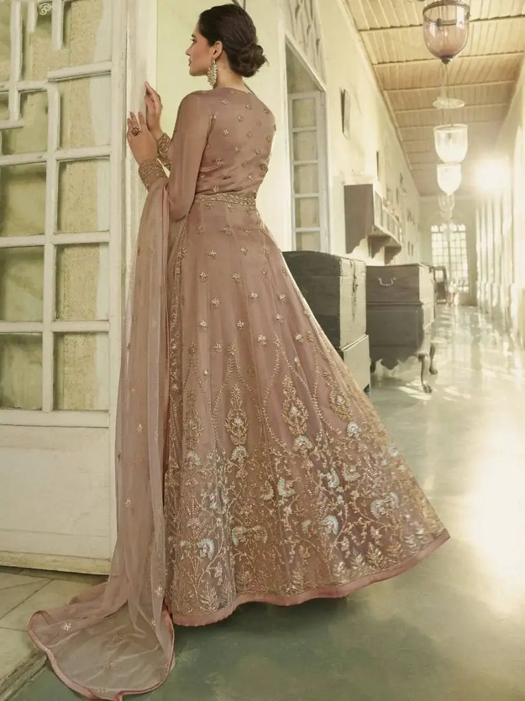 Captivating Peach Zari Embroidered Net Gown With Dupatta