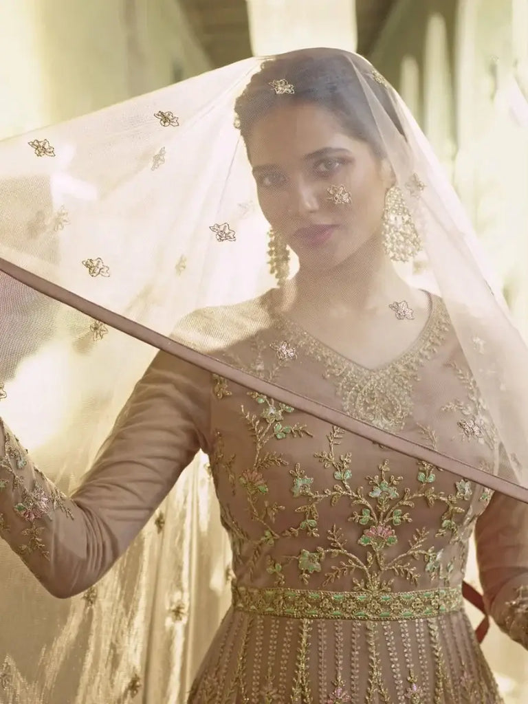 Captivating Peach Zari Embroidered Net Gown With Dupatta