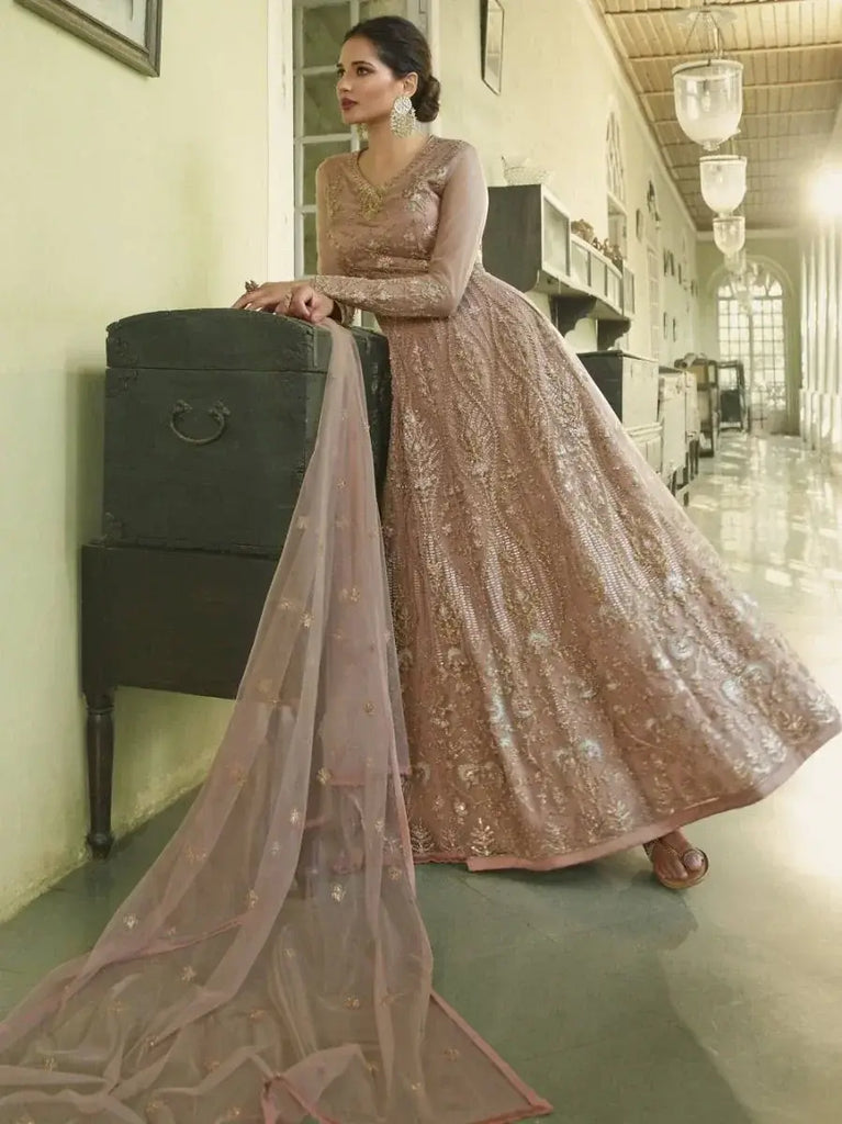 Captivating Peach Zari Embroidered Net Gown With Dupatta