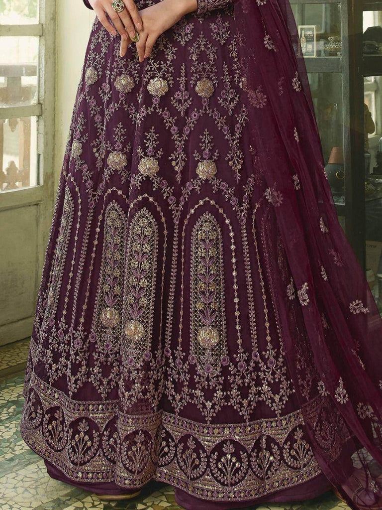 Outstanding Purple Zari Embroidered Net Gown With Dupatta