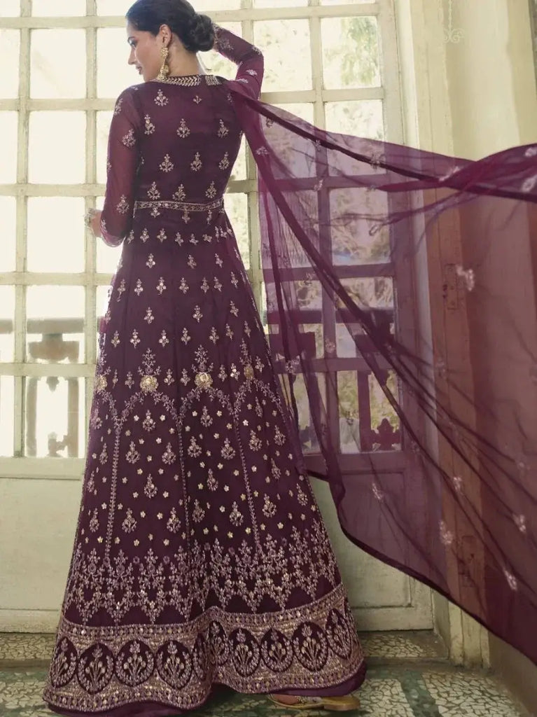 Outstanding Purple Zari Embroidered Net Gown With Dupatta