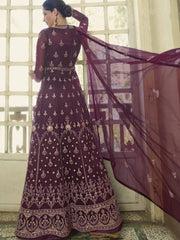 Outstanding Purple Zari Embroidered Net Gown With Dupatta
