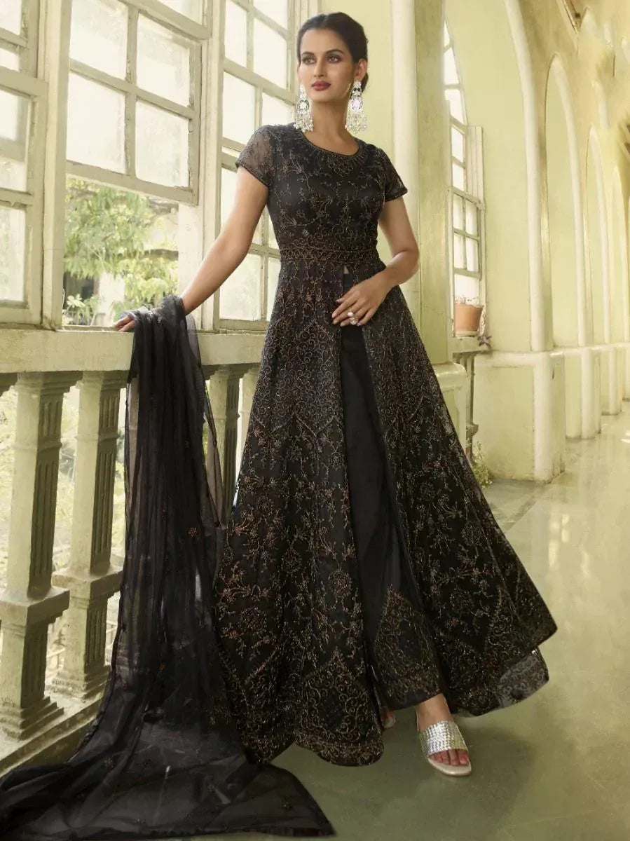 Black embroidered ethnic gown with sheer dupatta, perfect for Indian weddings and festive occasions