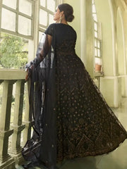 Exquisite Black Zari Embroidered Net Gown With Dupatta
