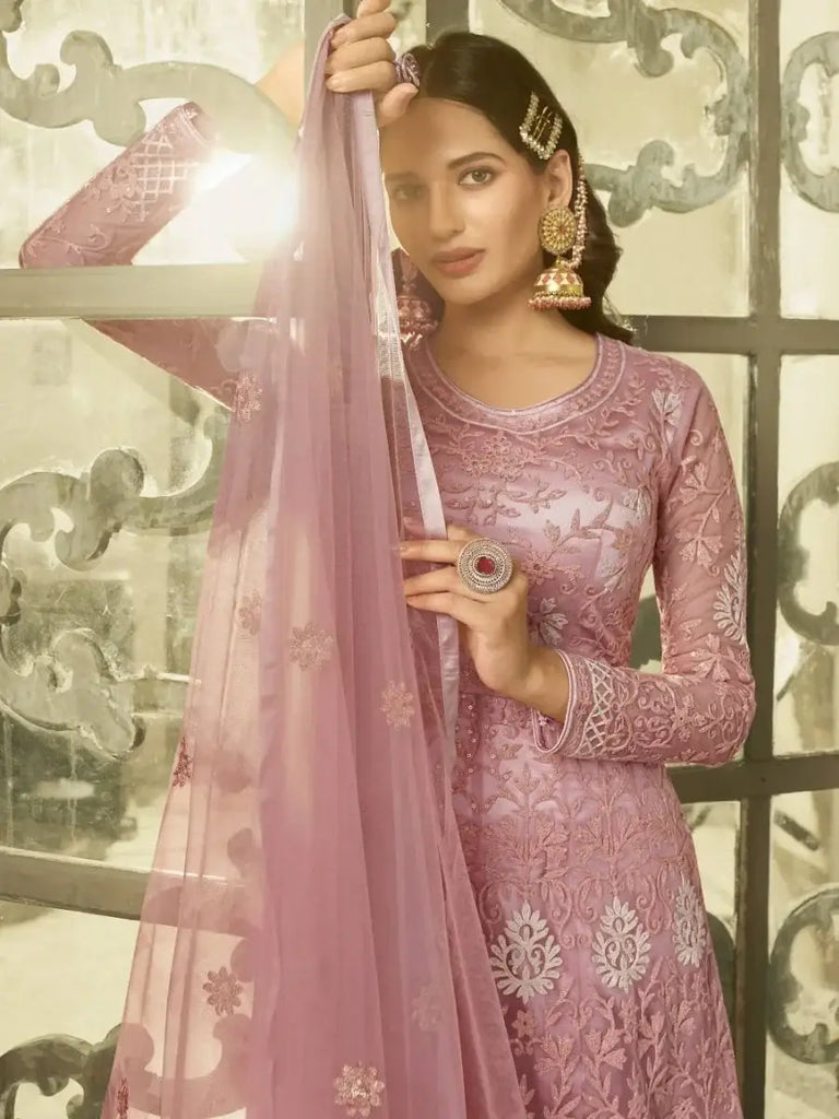 Majestic Pink Zari Embroidered Net Gown With Dupatta