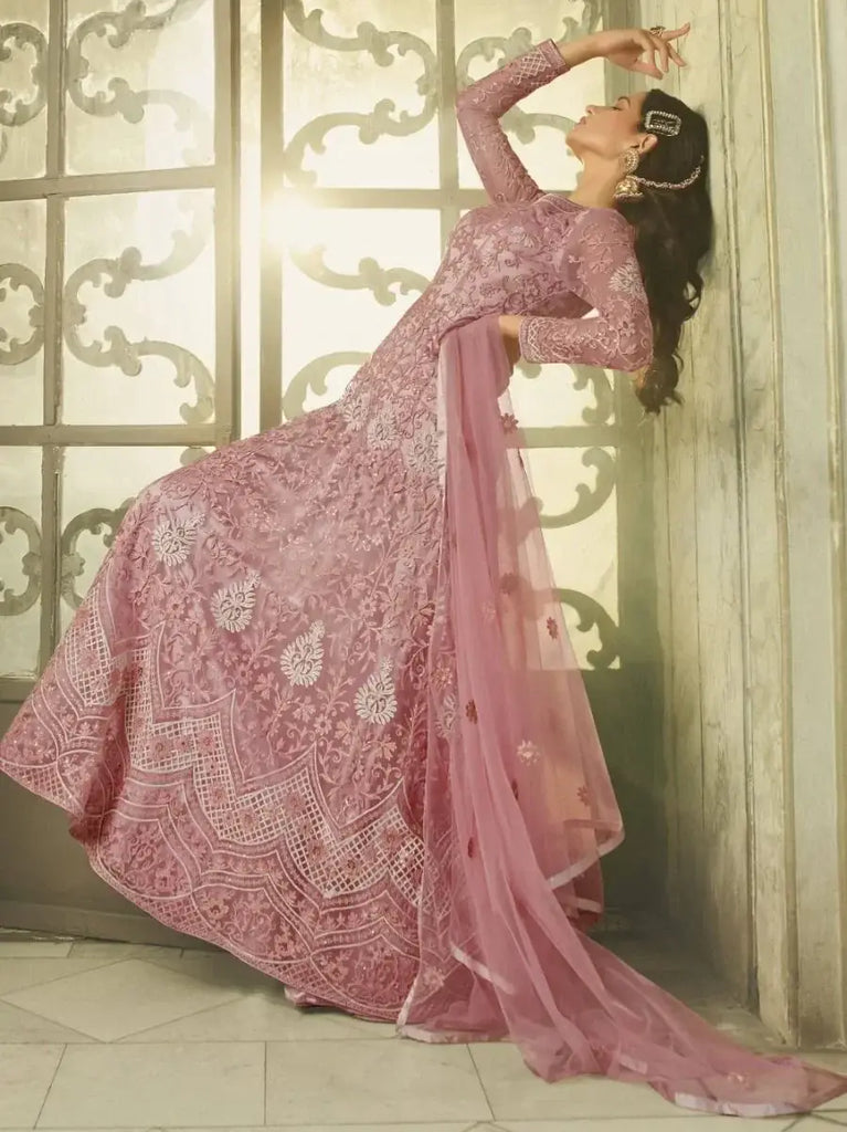Majestic Pink Zari Embroidered Net Gown With Dupatta