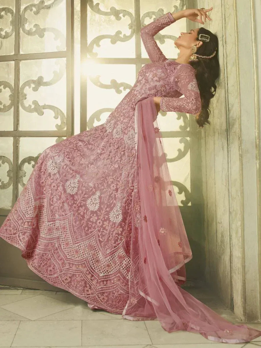 Pink embroidered designer anarkali gown with sheer dupatta, ethnic Indian wear for weddings