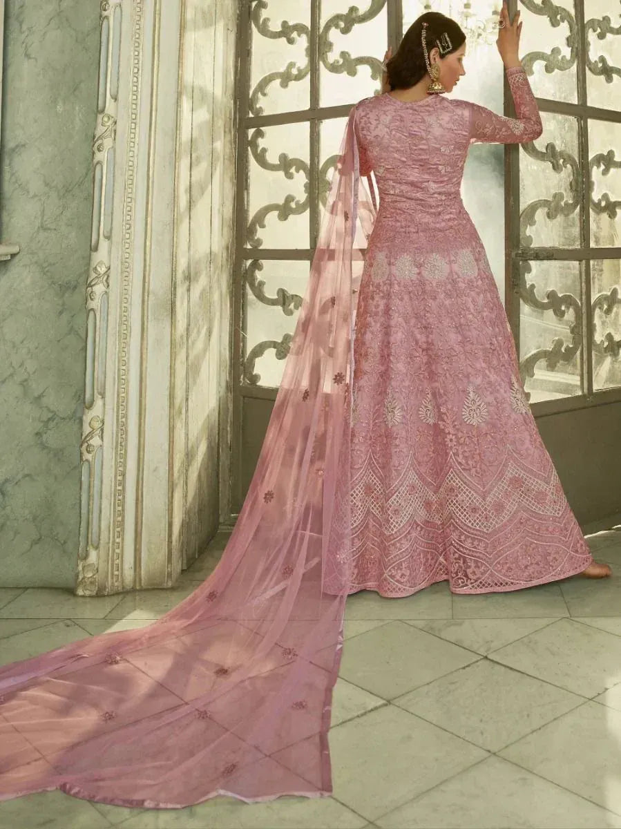 Pink embroidered anarkali gown with sheer dupatta, elegant Indian ethnic wear for special occasions
