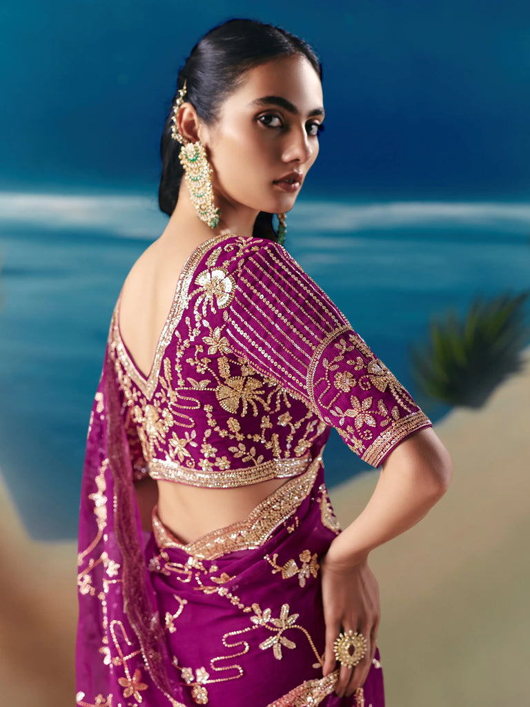 Fabulous Purple Sequins Georgette Wedding Wear Saree With Blouse