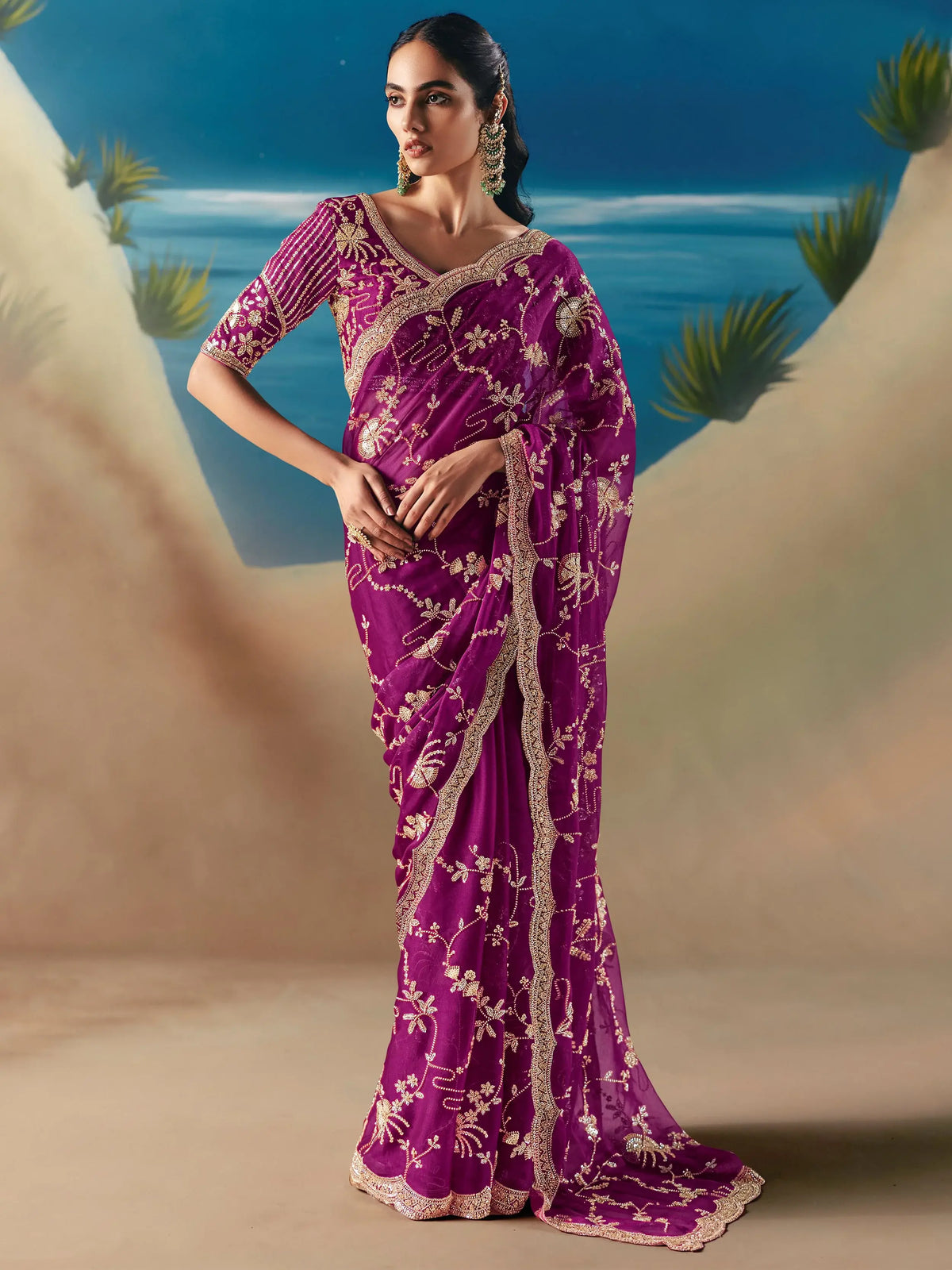 Fabulous Purple Sequins Georgette Wedding Wear Saree With Blouse