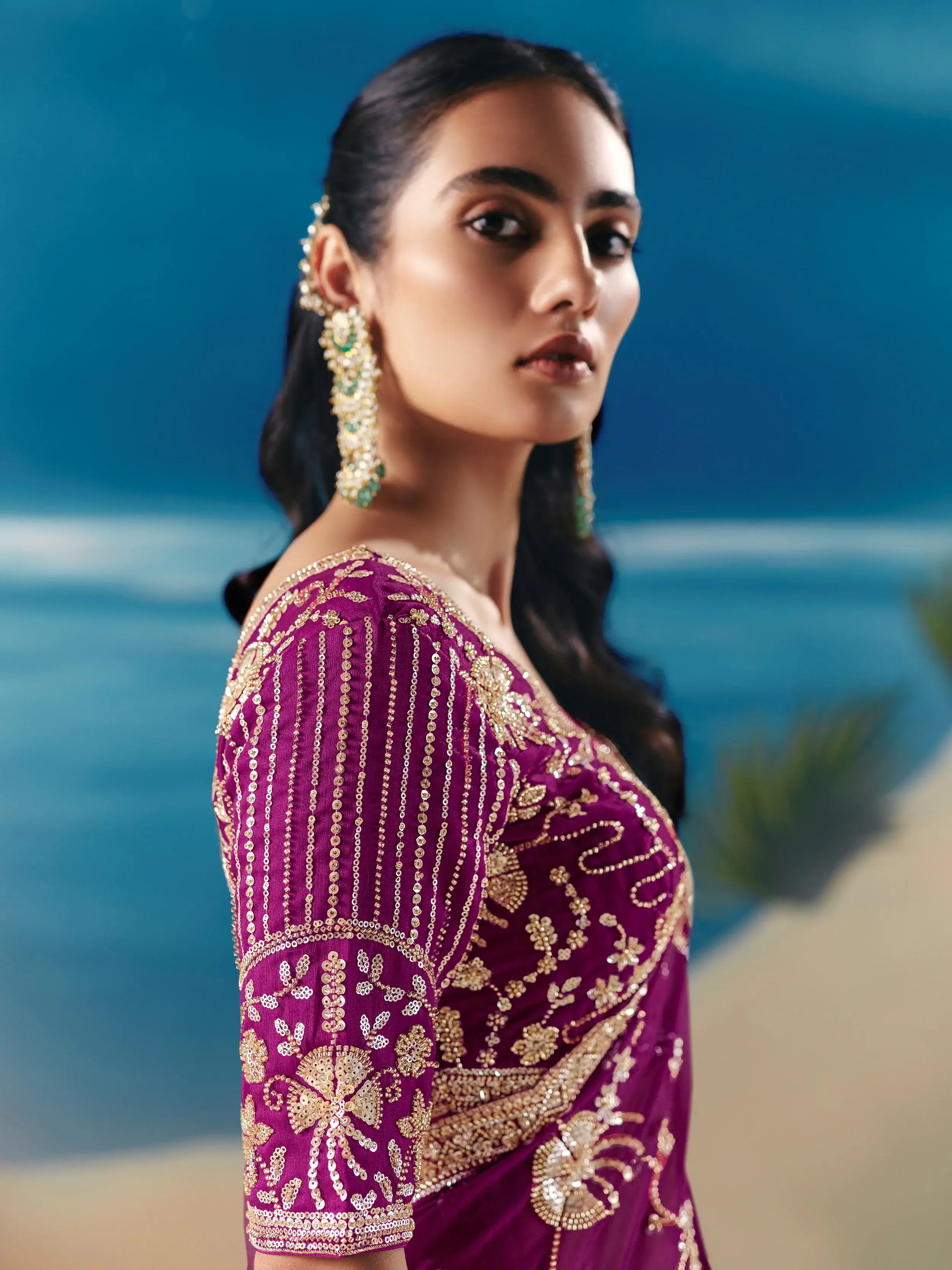 Fabulous Purple Sequins Georgette Wedding Wear Saree With Blouse