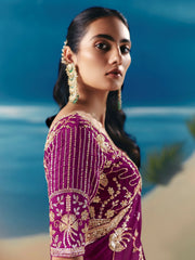 Fabulous Purple Sequins Georgette Wedding Wear Saree With Blouse