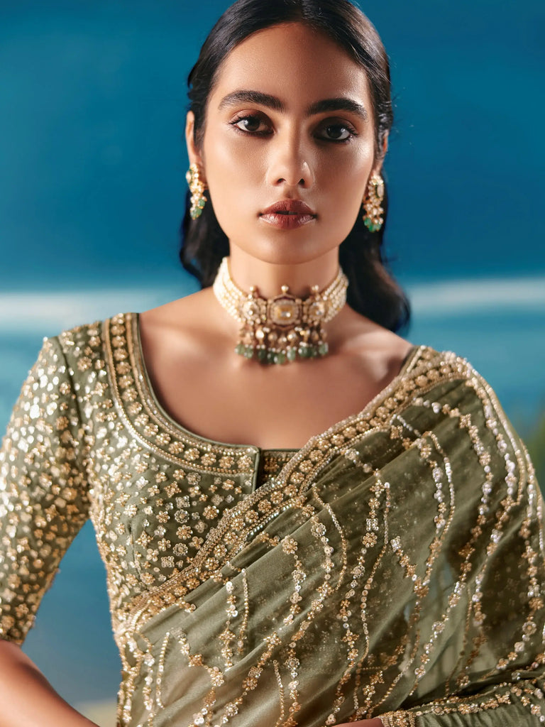 Wonderful Green Sequins Georgette Reception Wear Saree With Blouse