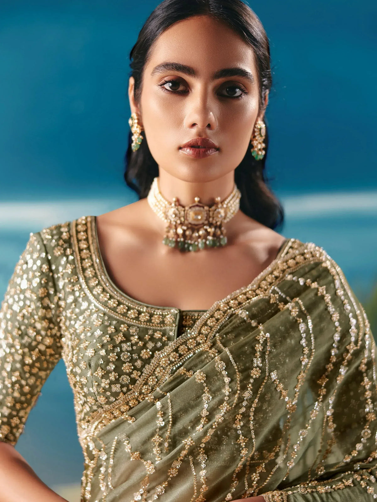 Olive green velvet saree with gold floral embroidery and matching choker, perfect for Indian ethnic wear events.