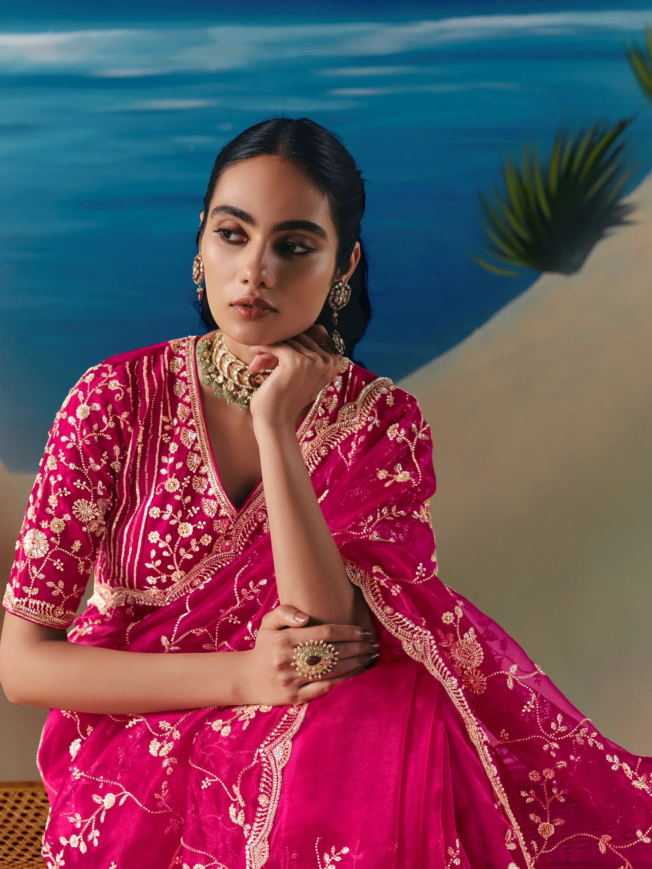 Incredible Pink Sequins Georgette Party Wear Saree With Blouse