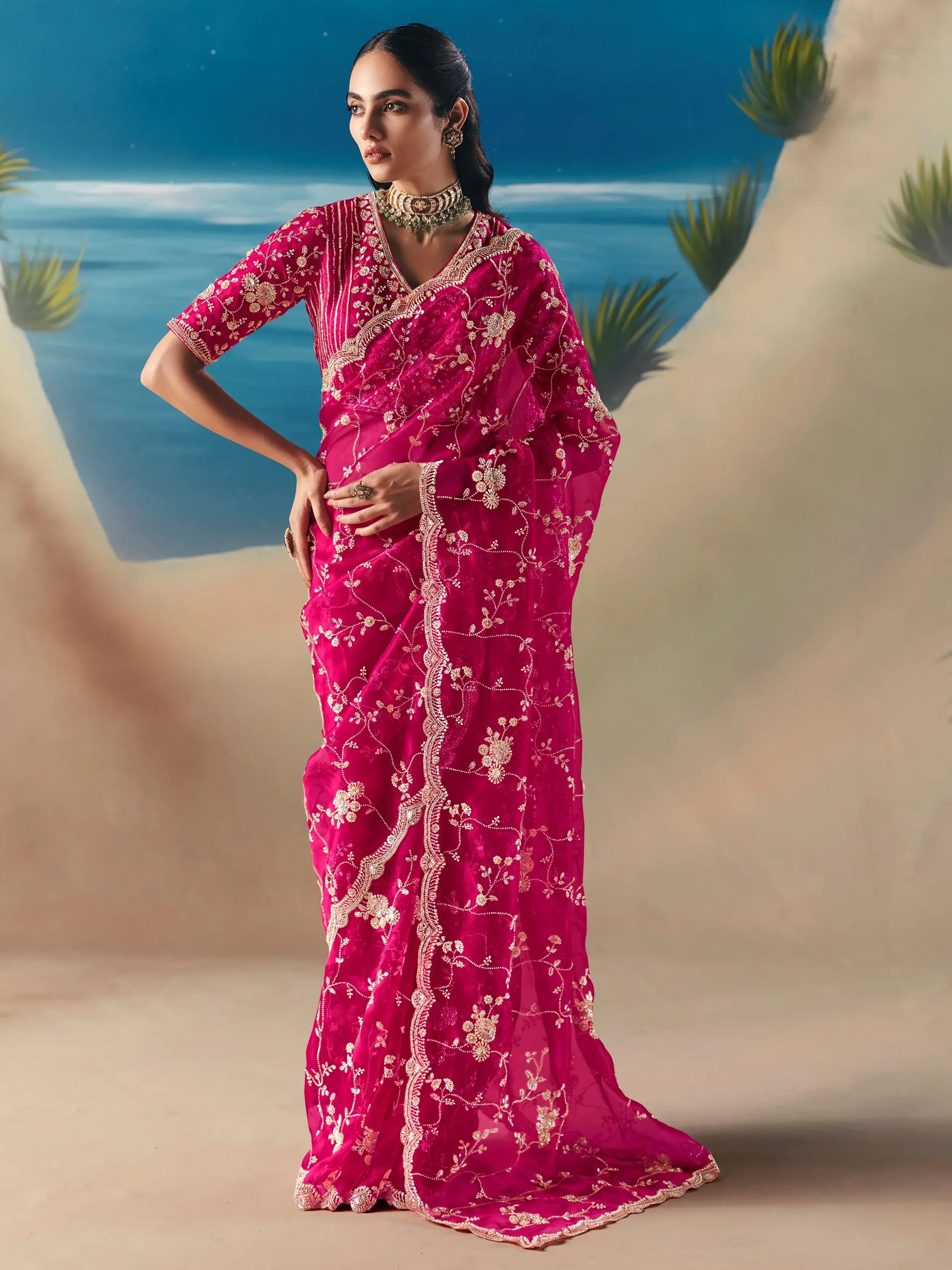 Incredible Pink Sequins Georgette Party Wear Saree With Blouse