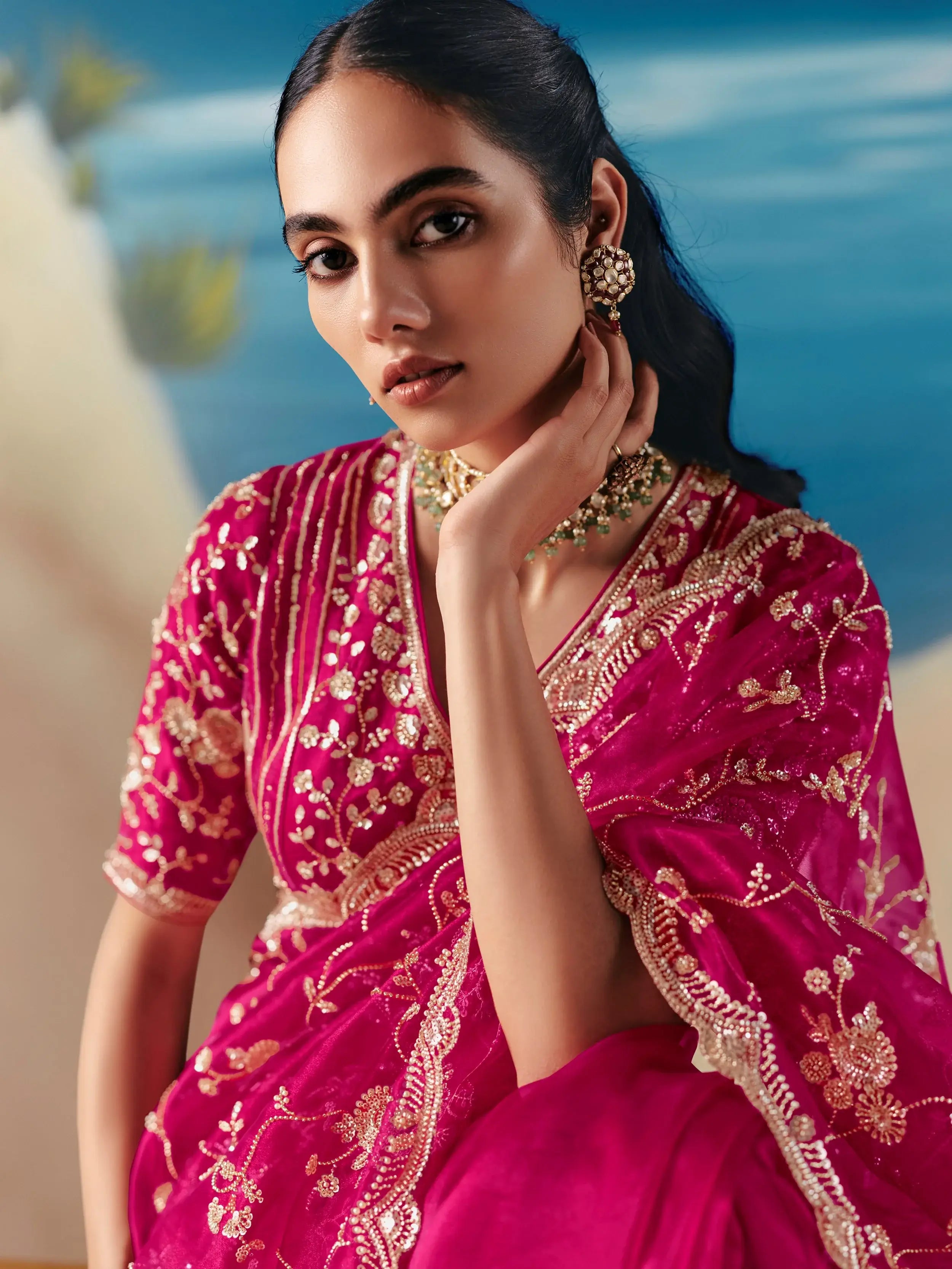 Incredible Pink Sequins Georgette Party Wear Saree With Blouse