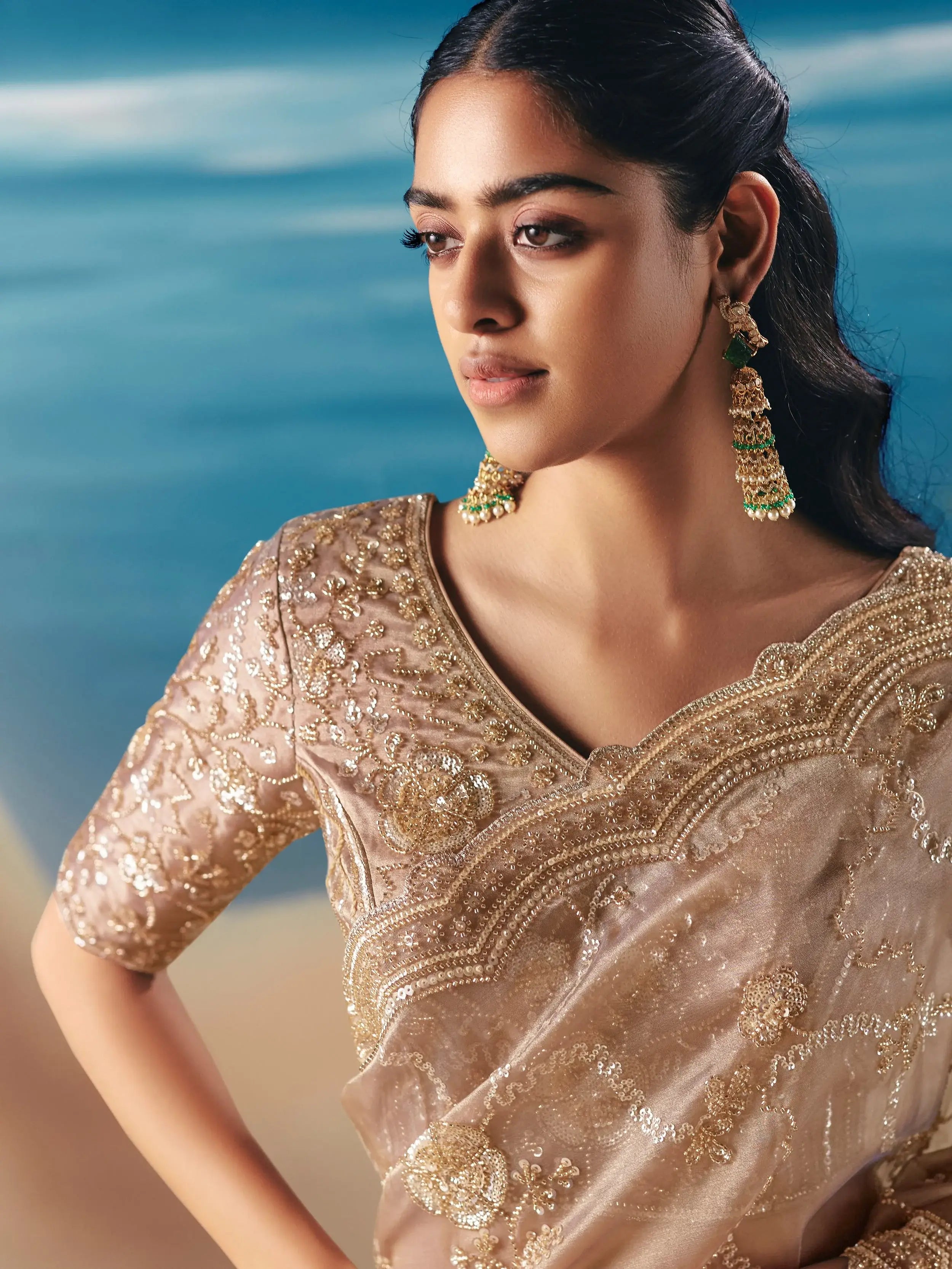 Outstanding Beige Sequins Georgette Wedding Wear Saree With Blouse