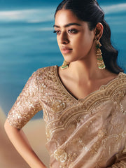 Outstanding Beige Sequins Georgette Wedding Wear Saree With Blouse