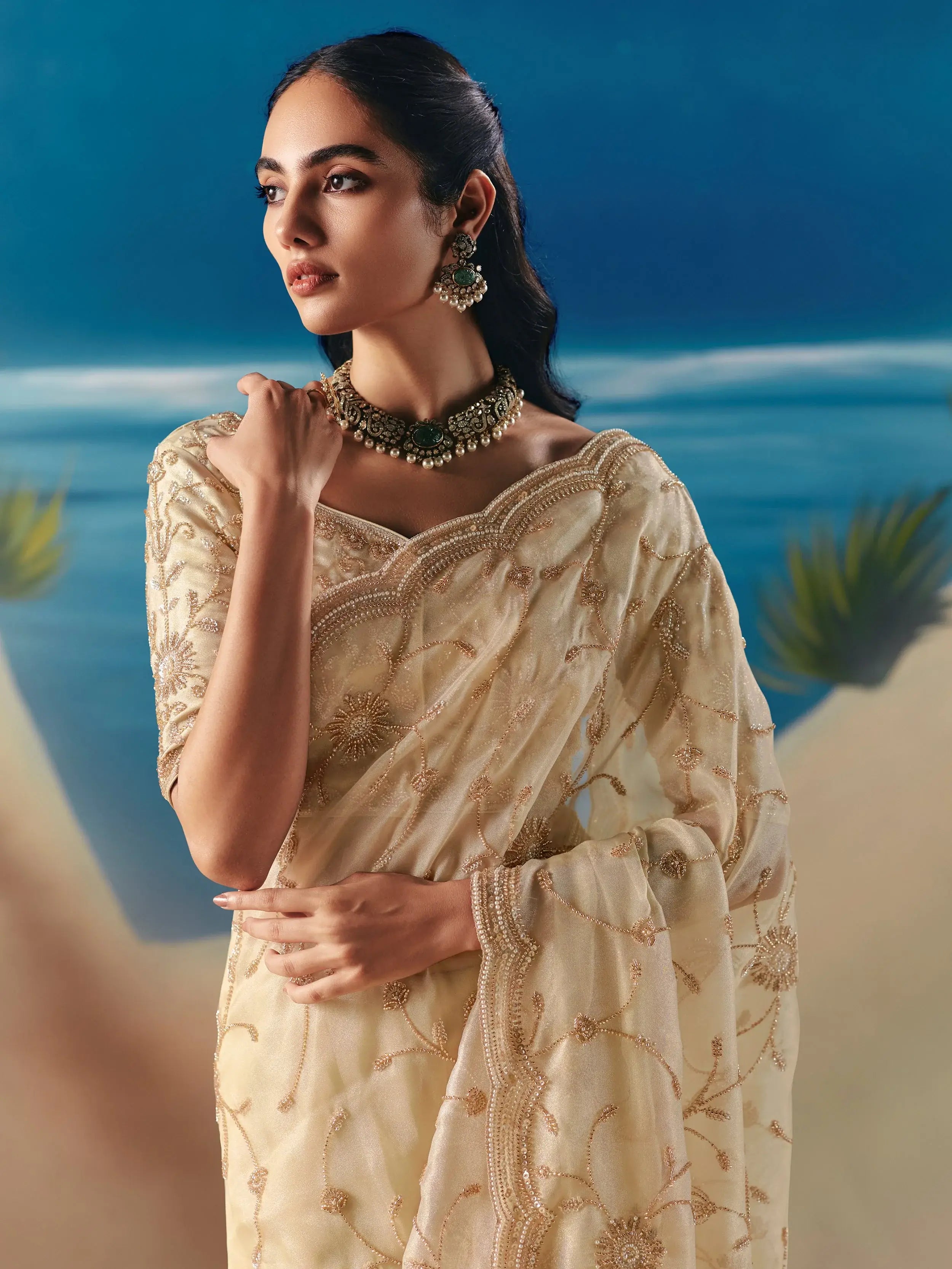 Precious Cream Sequins Georgette Reception Wear Saree With Blouse