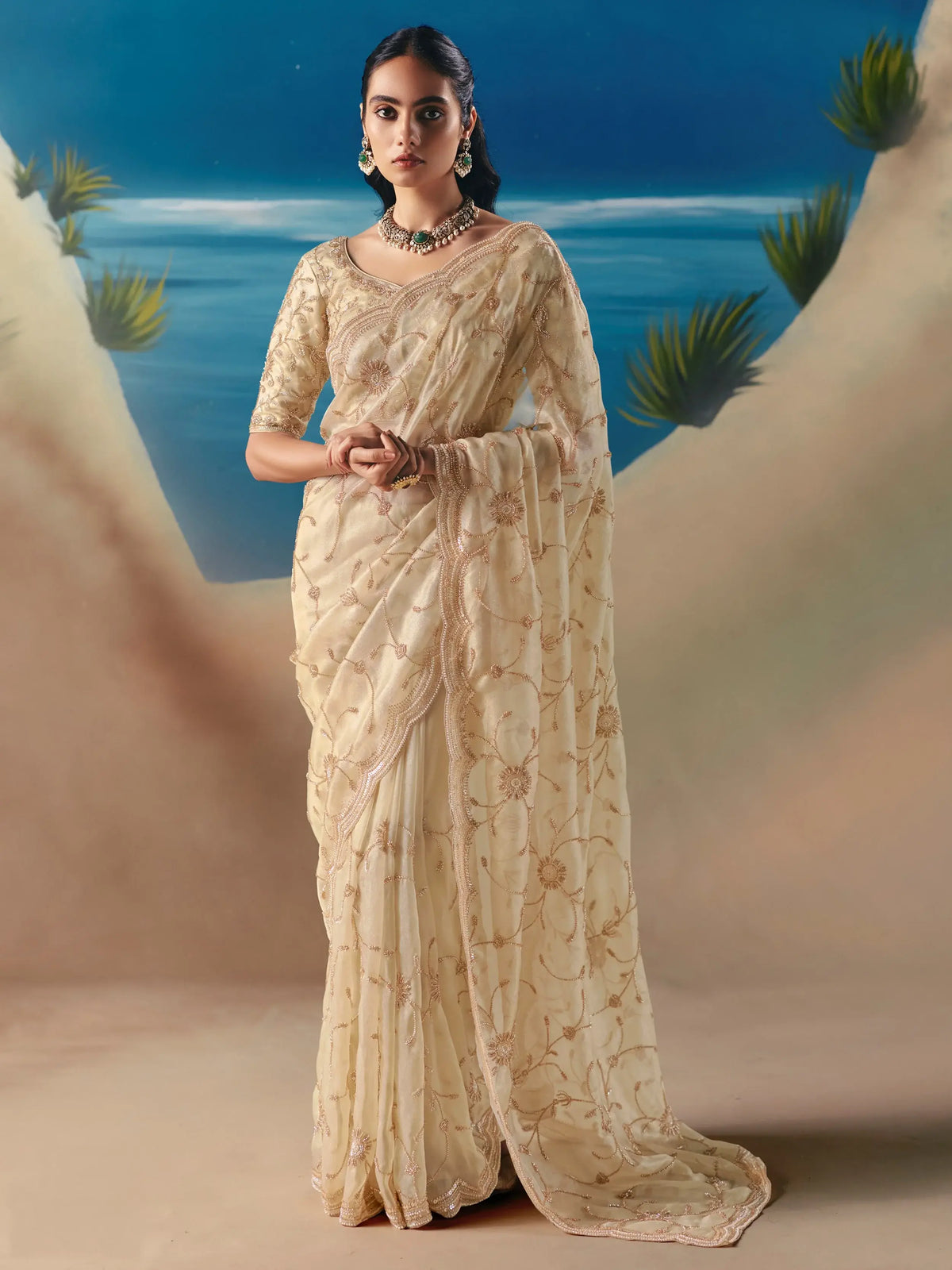 Precious Cream Sequins Georgette Reception Wear Saree With Blouse