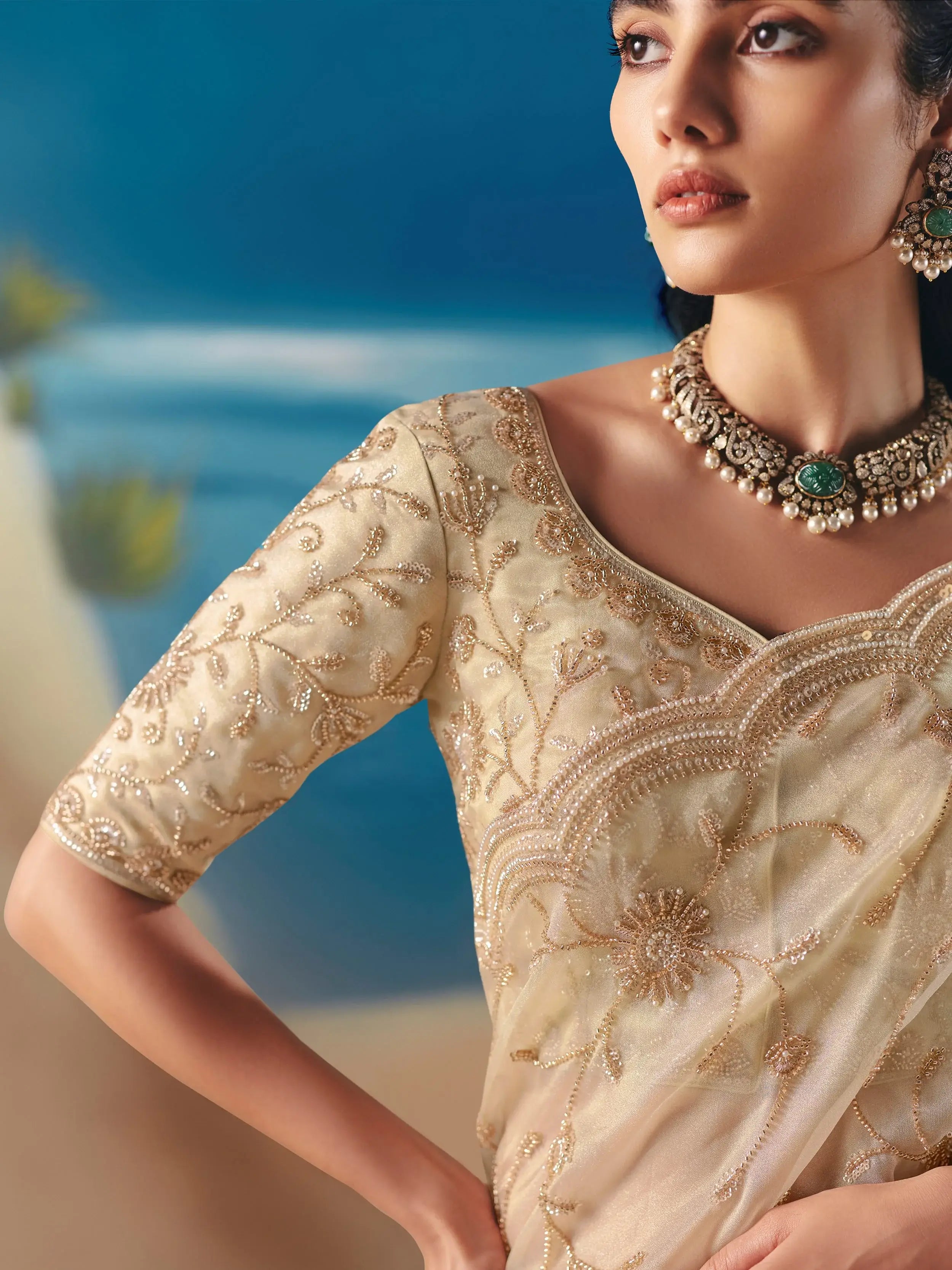 Precious Cream Sequins Georgette Reception Wear Saree With Blouse