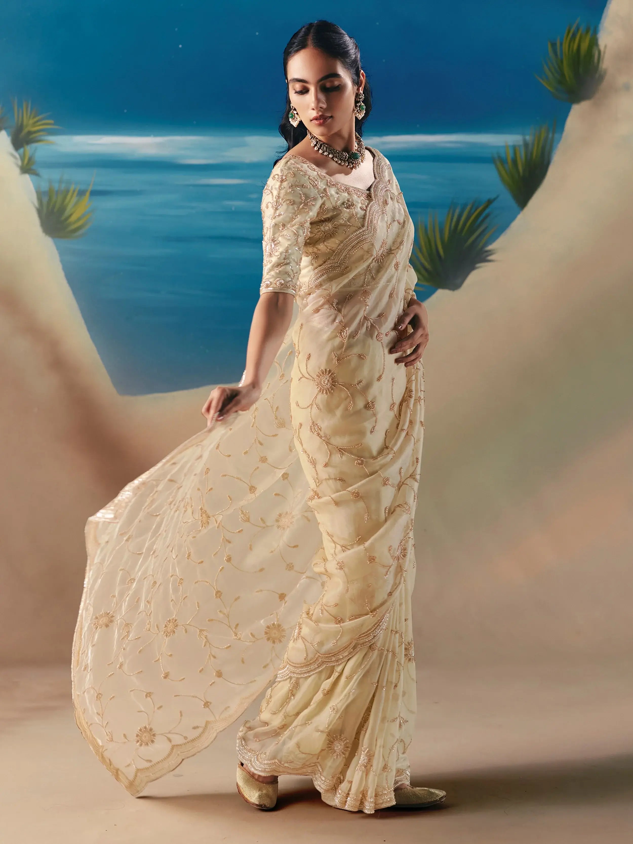Precious Cream Sequins Georgette Reception Wear Saree With Blouse