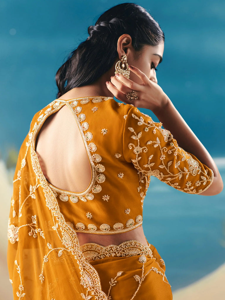 Amazing Yellow Sequins Georgette Wedding Wear Saree With Blouse