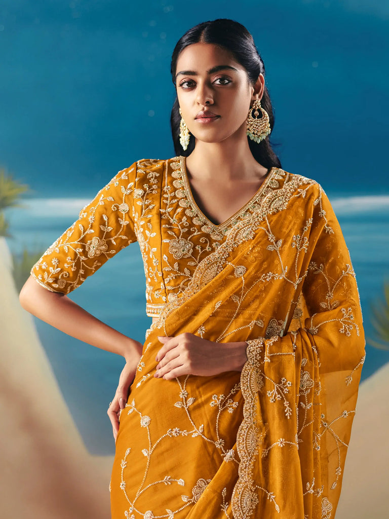 Amazing Yellow Sequins Georgette Wedding Wear Saree With Blouse