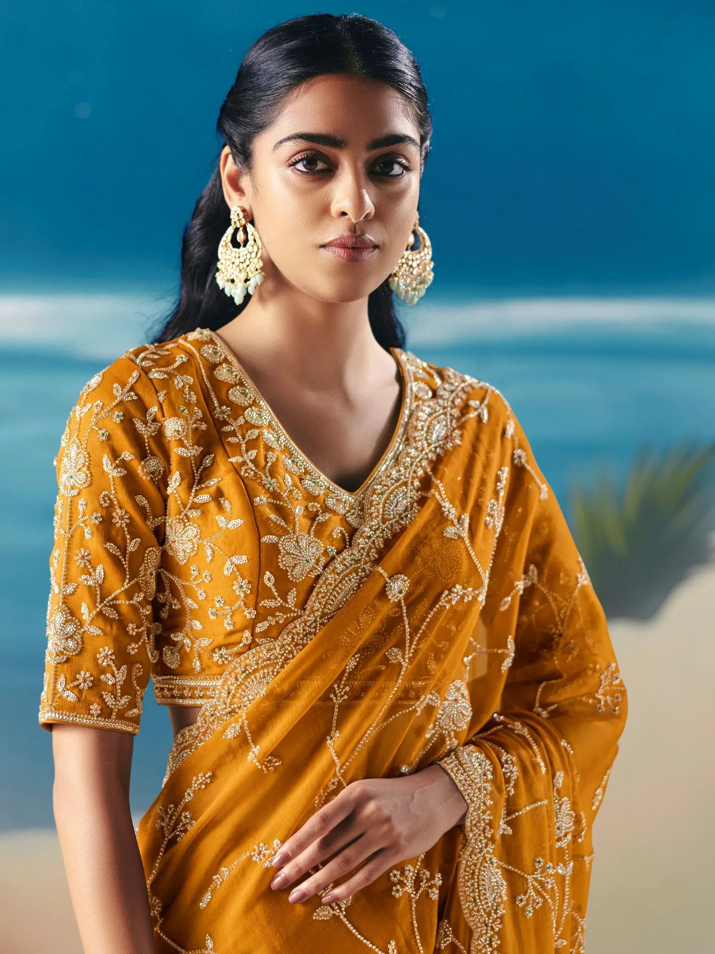 Amazing Yellow Sequins Georgette Wedding Wear Saree With Blouse