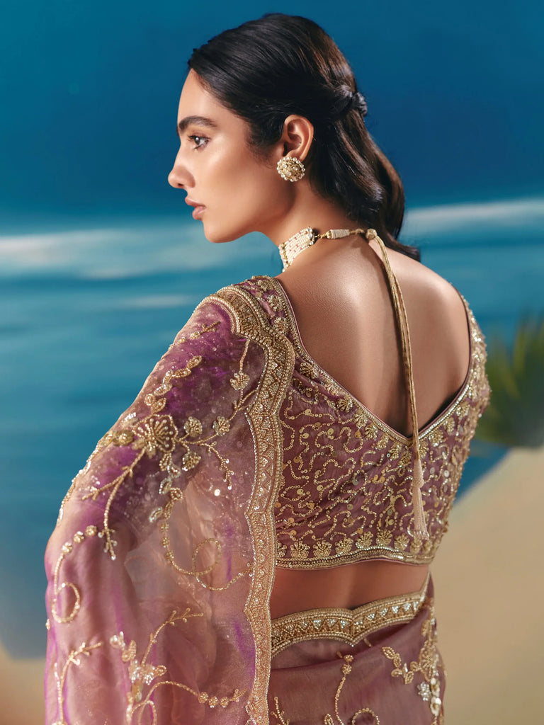 Beautiful Mauve Sequins Georgette Reception Wear Saree With Blouse