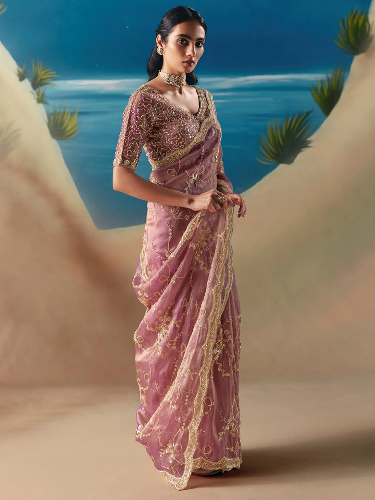 Beautiful Mauve Sequins Georgette Reception Wear Saree With Blouse
