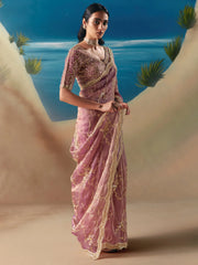 Beautiful Mauve Sequins Georgette Reception Wear Saree With Blouse