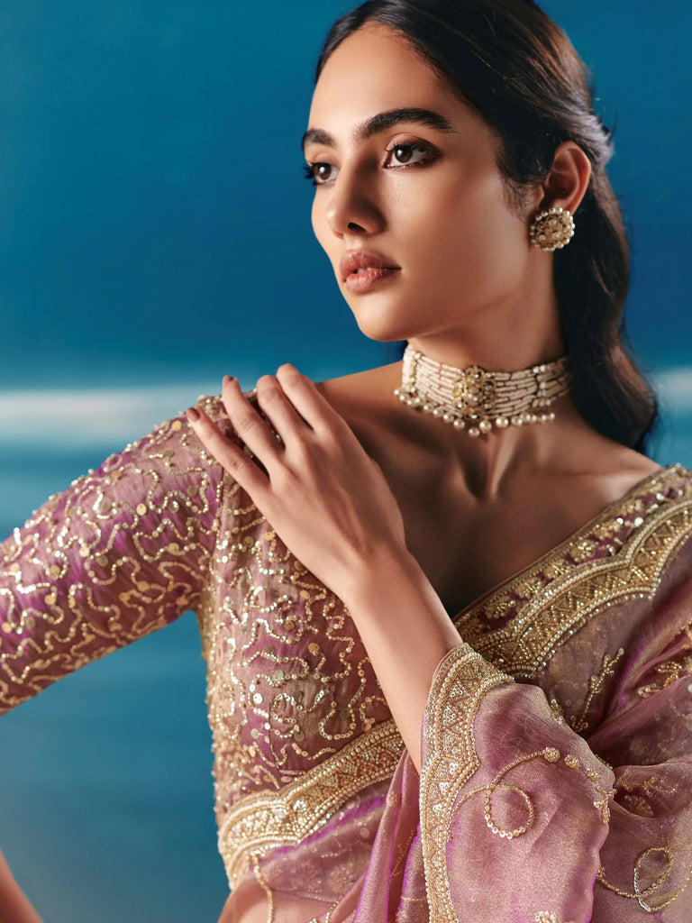 Beautiful Mauve Sequins Georgette Reception Wear Saree With Blouse