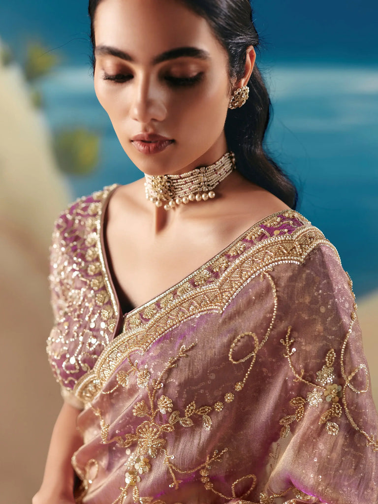 Beautiful Mauve Sequins Georgette Reception Wear Saree With Blouse
