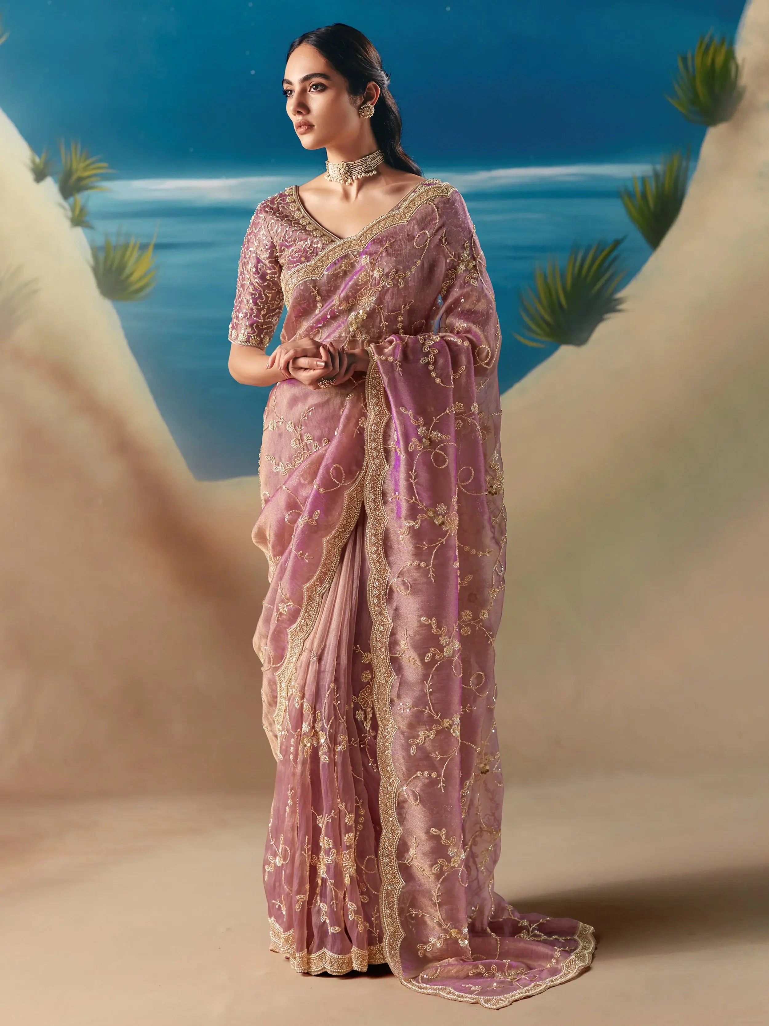 Beautiful Mauve Sequins Georgette Reception Wear Saree With Blouse