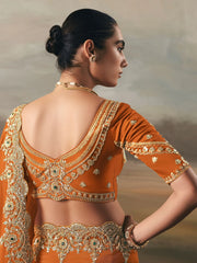 Beautiful Orange Diamond Work Silk Reception Wear Saree With Blouse