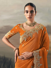 Beautiful Orange Diamond Work Silk Reception Wear Saree With Blouse