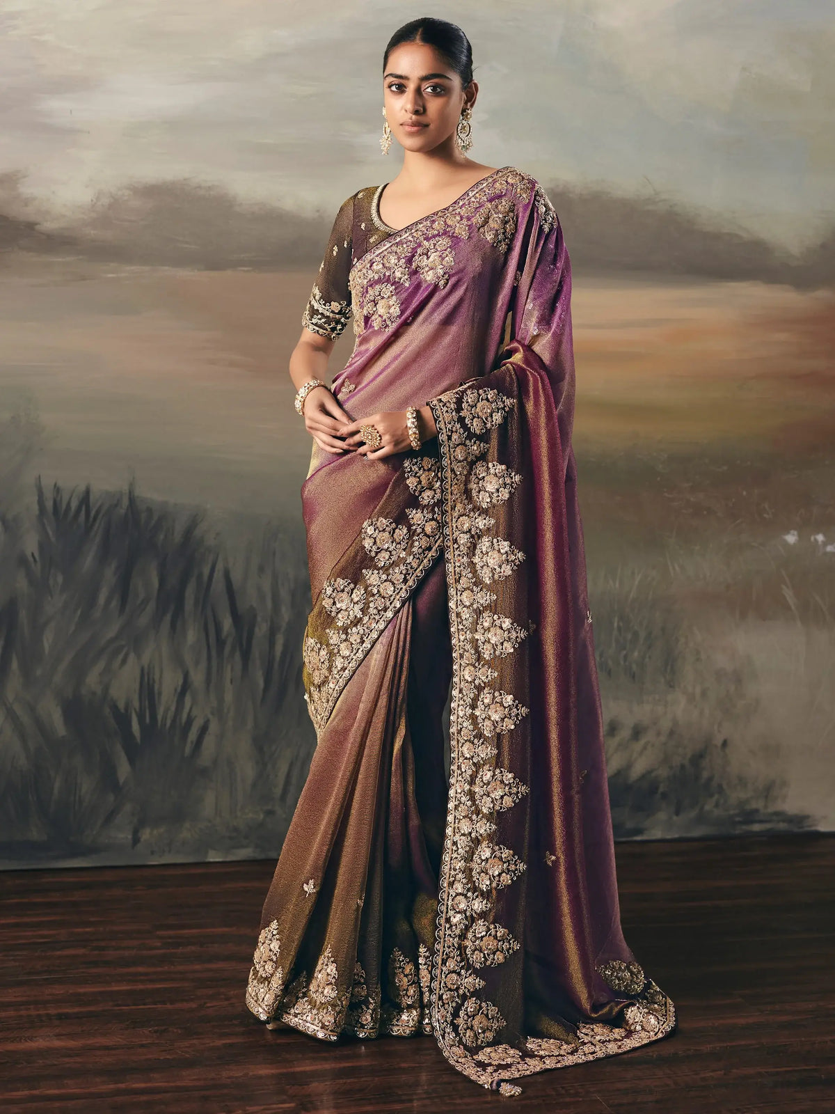 Stunning Purple Shaded Zari Embroidered Silk Party Wear Saree With Blouse