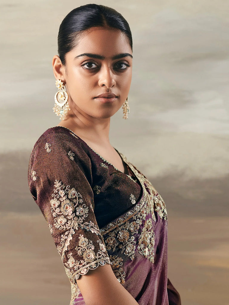 Stunning Purple Shaded Zari Embroidered Silk Party Wear Saree With Blouse